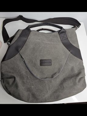 Modern+Chic Gray Canvas Messenger Bag with Dark Brown Accents